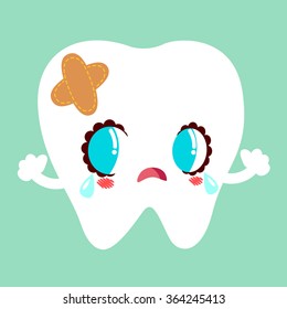 White tooth disappointed and crying. The tooth is sick. Stick the patch on the tooth. The tooth is needs the right care and treatment.