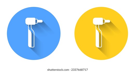 White Tooth drill icon isolated with long shadow background. Dental handpiece for drilling and grinding tools. Circle button. Vector