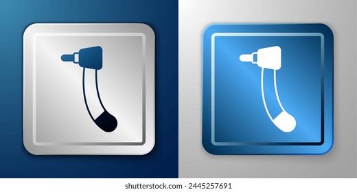 White Tooth drill icon isolated on blue and grey background. Dental handpiece for drilling and grinding tools. Silver and blue square button. Vector
