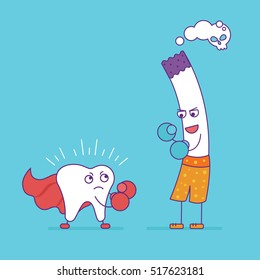 Peleas con dientes blancos o boxeo con cigarrillos. Caricaturas en estilo de línea plana. Malos hábitos, tabaquismo y salud oral, estilo de vida malsano. Símbolo de diente superhéroe. Ilustración del vector