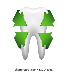 White tooth with four green arrows, stomatology icon isolated on white background, realistic vector illustration