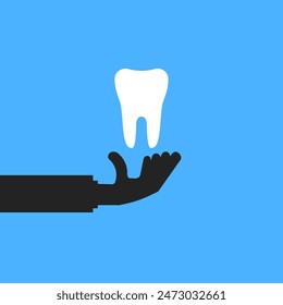 white tooth in hand like teeth protection icon. simple linear graphic trend modern design logotype element isolated on blue. concept of annual oral cleaning in dental office and easy dental care