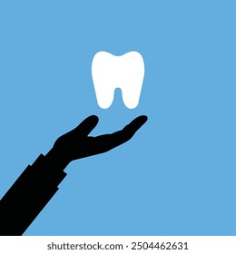 white tooth in hand like teeth protection icon. simple linear graphic trend modern design logotype element isolated on blue. concept of annual oral cleaning in