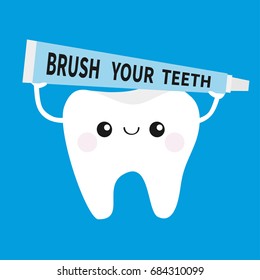 White tooth holding toothpaste tube. Cute funny cartoon smiling character. Children health teeth care icon. Oral dental hygiene. Baby blue background. Flat design. Vector illustration