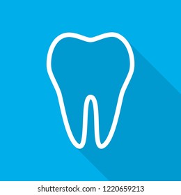 White Tooth icon in flat design. Vector illustration. Tooth icon with long shadow on blue background.