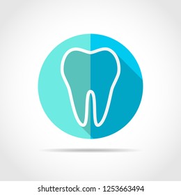 White Tooth icon in flat design with long shadow. Vector illustration. Simple Tooth icon on blue round button.