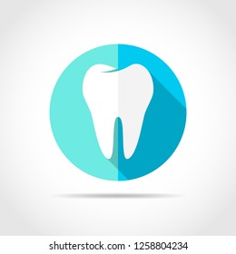 White Tooth icon in flat design with long shadow. Vector illustration. Simple Tooth icon on blue round button.