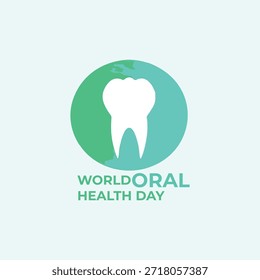 Icono de diente blanco dentro del círculo de globo verde con el texto del "Día Mundial de la Salud Oral" sobre fondo claro