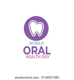 Icono de diente blanco dentro del círculo púrpura con texto multicolor del "Día Mundial de la Salud Oral" sobre fondo claro