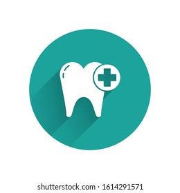 White Tooth icon isolated with long shadow. Tooth symbol for dentistry clinic or dentist medical center and toothpaste package. Green circle button. Vector Illustration
