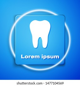 White Tooth icon isolated on blue background. Tooth symbol for dentistry clinic or dentist medical center and toothpaste package. Blue square button. Vector Illustration
