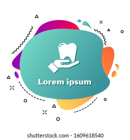 White Tooth icon isolated on white background. Tooth symbol for dentistry clinic or dentist medical center and toothpaste package. Abstract banner with liquid shapes. Vector Illustration