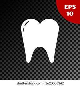 White Tooth icon isolated on transparent dark background. Tooth symbol for dentistry clinic or dentist medical center and toothpaste package.  Vector Illustration