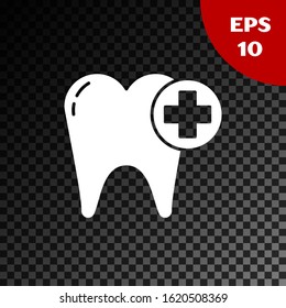 White Tooth icon isolated on transparent dark background. Tooth symbol for dentistry clinic or dentist medical center and toothpaste package.  Vector Illustration
