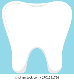 White tooth icon isolated on blue background. Flat design clean human tooth sign. Vector cartoon dental logo template for web design. 