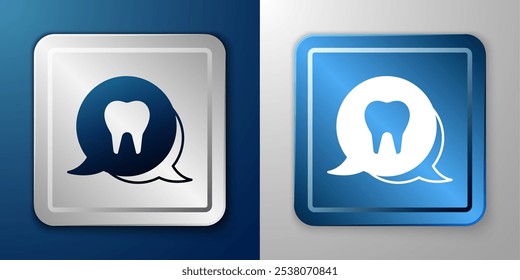 Icono de diente blanco aislado sobre fondo azul y gris. Símbolo de diente para la clínica de odontología o el centro médico del dentista y paquete de pasta de dientes. Botón cuadrado plateado y azul. Vector