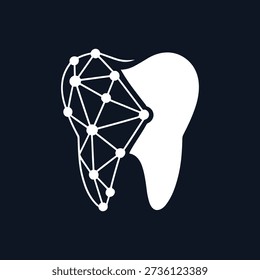 A white tooth icon with a neural network graphic overlay on a dark blue background, featuring interconnected lines and nodes, symbolizing dental technology or AI in dentistry.
