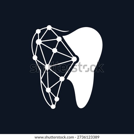A white tooth icon with a neural network graphic overlay on a dark blue background, featuring interconnected lines and nodes, symbolizing dental technology or AI in dentistry.