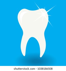 white tooth icon with shine on blue background with shadow vector illustration, dental care or dentist concept