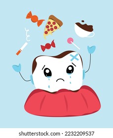 White tooth illustration icon vector graphics sad sick caries tooth and gum diseased red gum and harmful food