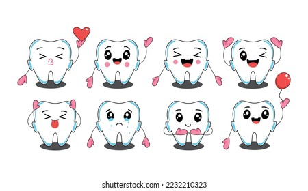 Icono de ilustración de dientes blancos gráficos vectores emociones kawaii triste alegre conjunto de dientes felices
