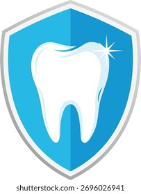 Dente branco dentro de escudo azul com brilho gráfico vetor de proteção dentária