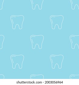 White tooth linear seamless pattern. Vector dentist seamless print on blue background for dental design. Outline simple design endless texture.