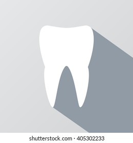 White tooth with long shadow effect. Silhouette white tooth, icon tooth white, stomatology healthcare