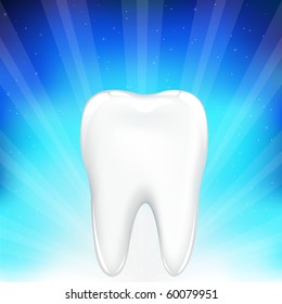 White Tooth, On Blue Background With Beams And Stars, Vector Illustration