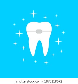 White tooth with orthodontic brace and shining effect stars illustration isolated. Dental tooth care result concept, teeth protection