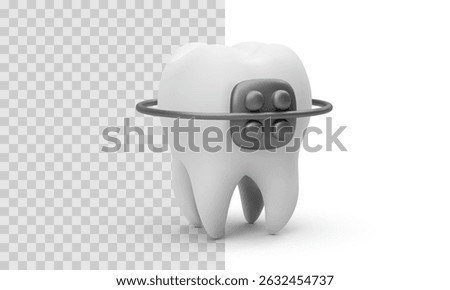 White Tooth With Orthodontic Braces In 3D Render. Clean Cartoon Style Dental Icon For Oral Care, Health, And Orthodontist Concepts. Vector Illustration.