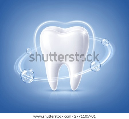White tooth with protective barrier and molecules. Dental care concept. Enamel protection, whitening and oral hygiene. Vector illustration