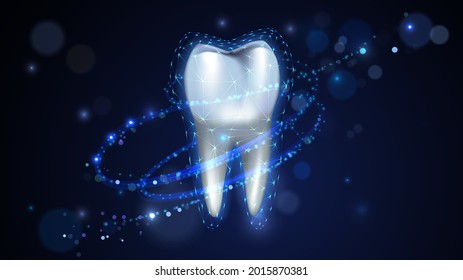 White tooth with root on dark background with glowing mesh and sparks, teeth protection and whitening concept