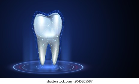 White tooth with a root on a dark background with a luminous mesh coating on the pedestal, the concept of teeth protection and whitening