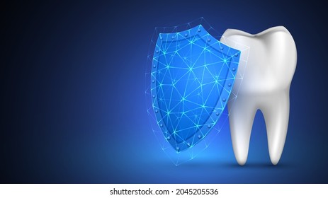 White tooth with root under blue glowing shield, teeth protection concept