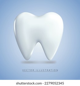 White Tooth with shadow in realistic 3d style, isolated on blue background.