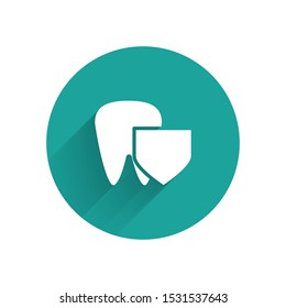 White Tooth with shield icon isolated with long shadow. Dental insurance. Security, safety, protection, protect concept. Green circle button. Vector Illustration