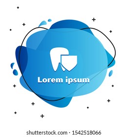 White Tooth with shield icon isolated on white background. Dental insurance. Security, safety, protection, protect concept. Abstract banner with liquid shapes. Vector Illustration