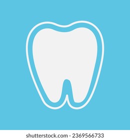A white tooth with a shield on a blue background. Vector, flat style