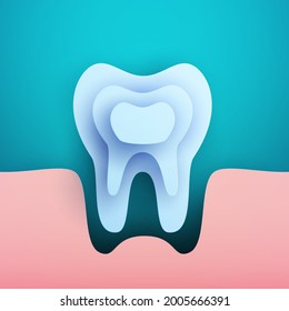 White tooth silhouette in modern creative style. Minimalistic design concept. Healthcare medical composition art element. Paper cut layer vector illustration.