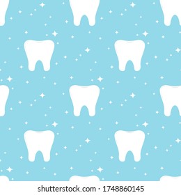 White tooth with sparkles seamless pattern. Vector dentist seamless print on blue background for dental design. Flat simple design endless texture.