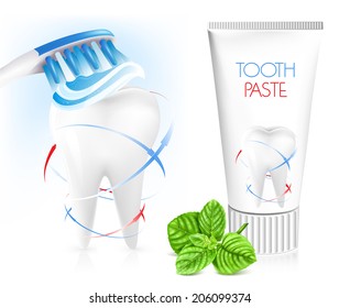 White tooth, toothbrush, toothpaste and fresh green mint. Dental concept.  Vector illustration.