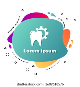 White Tooth treatment procedure icon isolated on white background. Tooth repair with gear. Abstract banner with liquid shapes. Vector Illustration