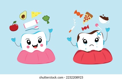 Ilustración gráfica vectorial de diente blanco satisfecho sano feliz diente enfermo adecuado nutrición adecuada caries enfermo goma no sano alimento