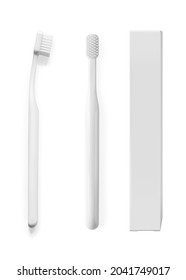 White toothbrush realistic 3d vector illustration isolated top view, side view and packing box. Dental hygiene