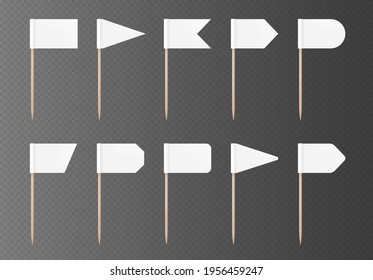 White toothpick flags isolated on a transparent background. Blank flag on a wooden stick.