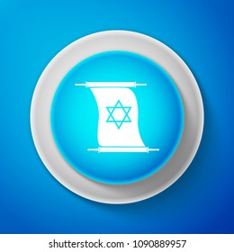 White Torah scroll icon isolated on blue background. Jewish Torah in expanded form. Torah Book sign. Star of David symbol. Simple old parchment scroll. Circle blue button. Vector Illustration