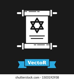 White Torah scroll icon isolated on black background. Jewish Torah in expanded form. Star of David symbol. Old parchment scroll.  Vector Illustration
