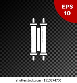 White Torah scroll icon isolated on transparent dark background. Jewish Torah in expanded form. Star of David symbol. Old parchment scroll.  Vector Illustration
