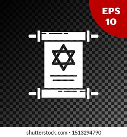 White Torah scroll icon isolated on transparent dark background. Jewish Torah in expanded form. Star of David symbol. Old parchment scroll.  Vector Illustration